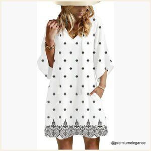 Boho Floral Sundress with Tassel Tie Neck 3/4 Sleeve Mini Beach Cover Up